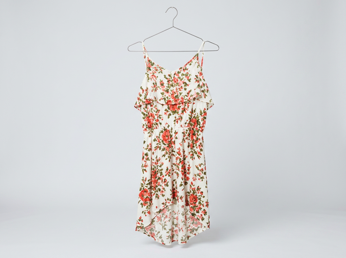 The same dress hanging neatly on a clean pale grey studio backdrop