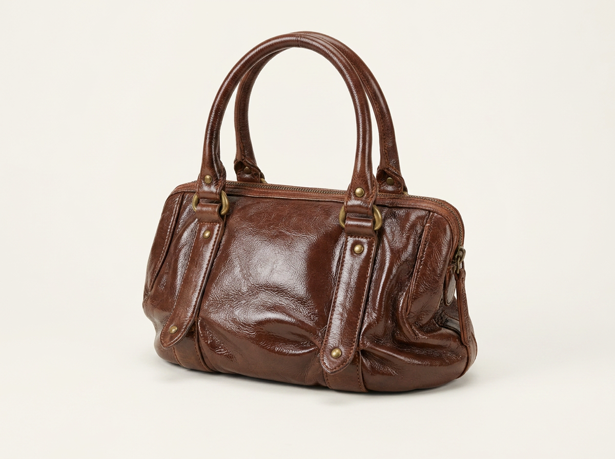 The same handbag cut out and relit on a clean off-white studio backdrop