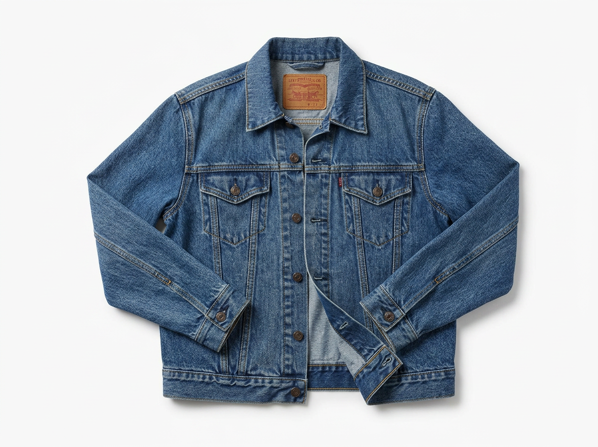The same denim jacket cut out and relit on a clean studio backdrop