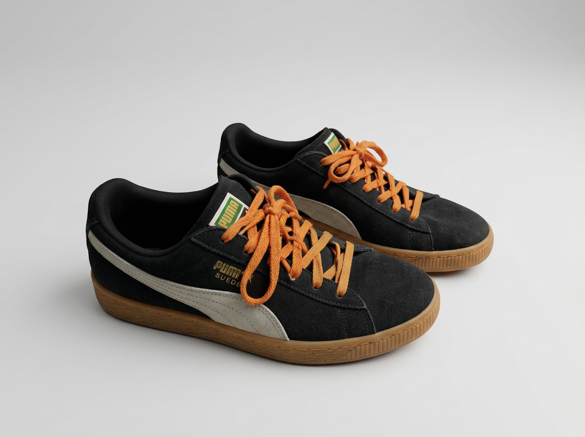 The same black suede trainers cut out and relit on a clean grey studio backdrop